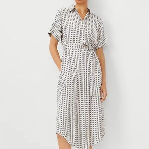 Ann Taylor, NWT, Geo Midi Shift Dress. White, khaki, and black pattern